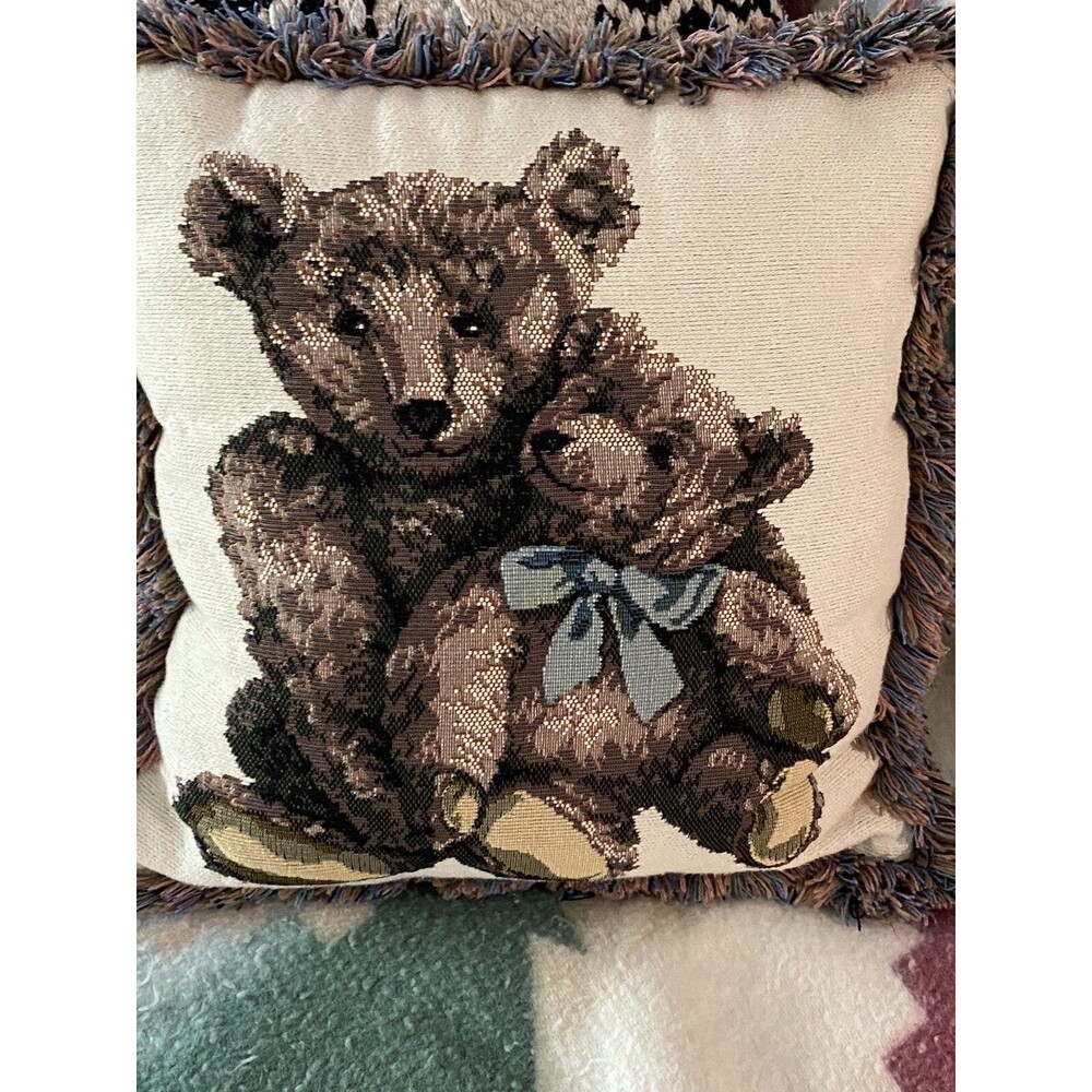 Teddy Bear tapestry needlepoint accent pillow Nursery Playroom Vintage decor